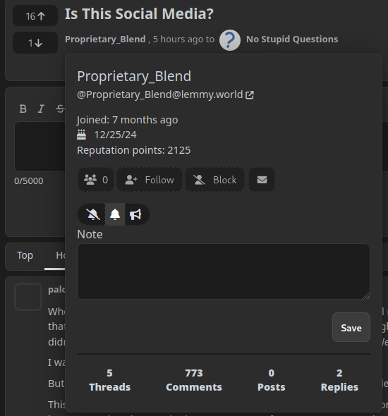 A screenshot of TheBrainBin.org, an Mbin instance. Specifically, it&#39;s a post in the magazine NoStupidQuestions@lemmy.world, asking &quot;Is This Social Media&quot;, posted by @Proprietary_Blend@lemmy.world. The user has moused over OP&#39;s username, which has brought up a popup. The popup shows various information and options. Most pertinently to this discussion, there is a [Follow] button, which allows the person viewing the popup to directly follow Proprietary_Blend.