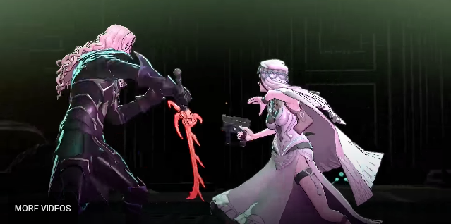 A still from the first Fire Emblem: Fortune's Weave trailer. It shows Dietrich fighting an unnamed woman. Dietrich is a tall, goth-looking man with white hair down to his shoulder blades. He is wearing elaborate black armour and wielding a glowing magic sword, made from a dragon's corpse. His sword is curved like a sabre and has a bunch of wicked-looking spikes jutting off the blade. He overall aesthetic is highly reminiscent of Alucard from Castlevania, or Elric of Melniboné from the works of Michael Moorcock. His opponent is a woman wearing a flowing white dress and cape. Her dress has a high slit so you can see her legs. Most pertinently to this post, the woman is holding a handgun. And it's not even a flintlock pistol, it's a modern-looking gun that resembles an Uzi. This might just be a placeholder asset, but she also has a gun holster strapped to her shoulder, so whatever the final weapon is, it's definitely going to be a gun.