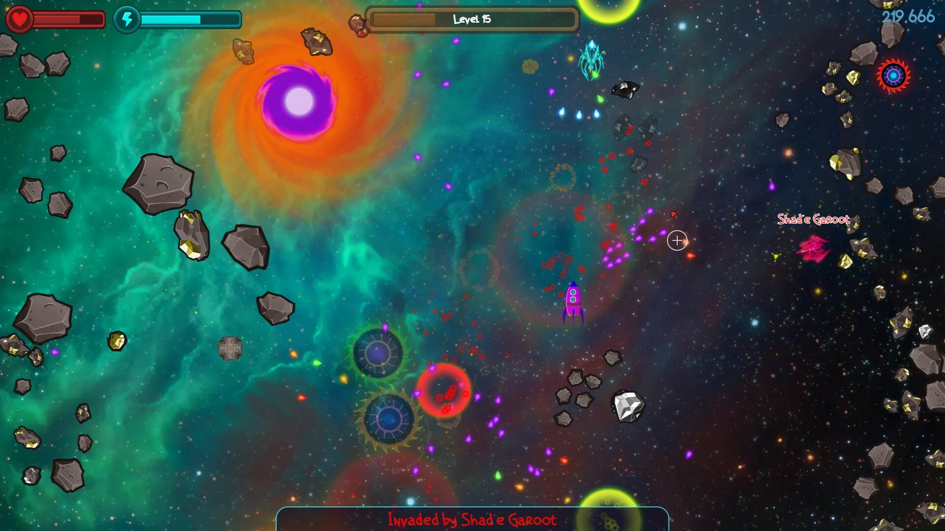 Screenshot for the indie video game "Rocket!" on Steam. Screenshot features various Atari Asteroids like mechanics & looks for a modern version roguelite.