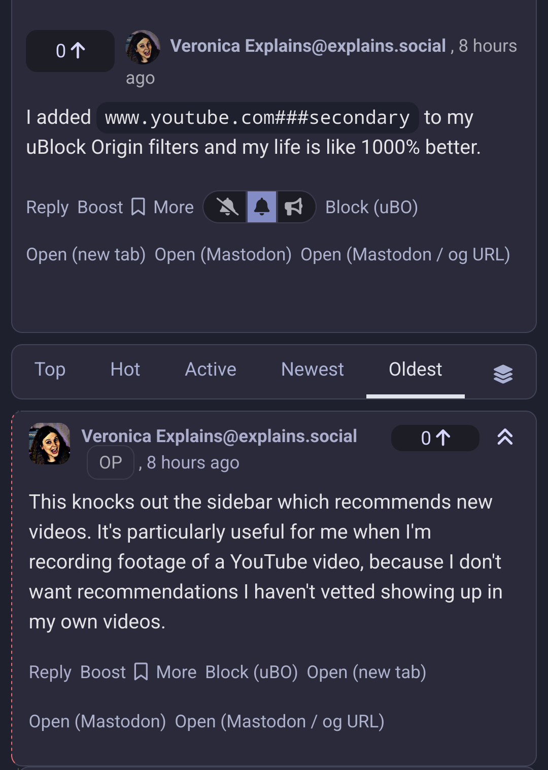 Veronica from Veronica Explains suggesting an UBO filter if having to use Youtube directly