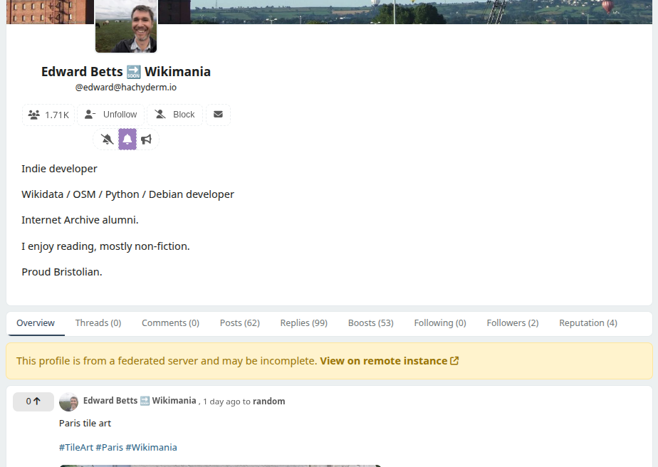 Screenshot of Edward Betts's profile as viewed from Mbin.
